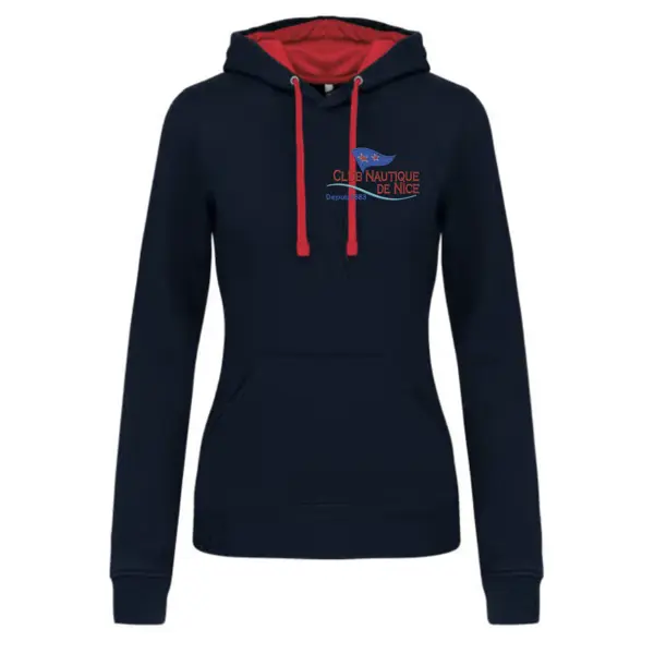 K465 - Sweat-shirt  femme bleu - capuche rouge Taille S